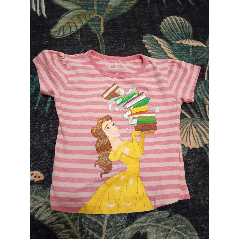 Disney Princess Belle Girls 3T Pink Striped Graphic T Shirt Beauty & The Beast
